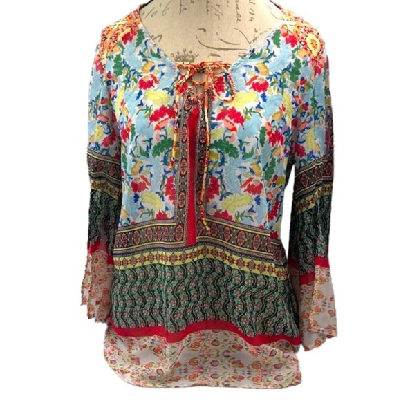 Fig & Flower Multicolored 3/4 Sleeve Blouse Size S - Picture 2 of 5